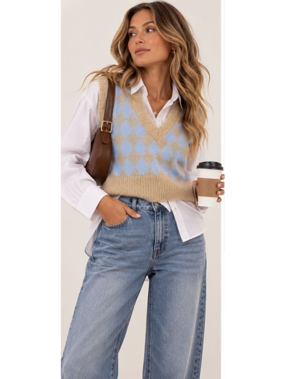 Sincerely Jules S Fuzzy Argyle Sweater Vest Blue Tan Preppy Coquette Academia